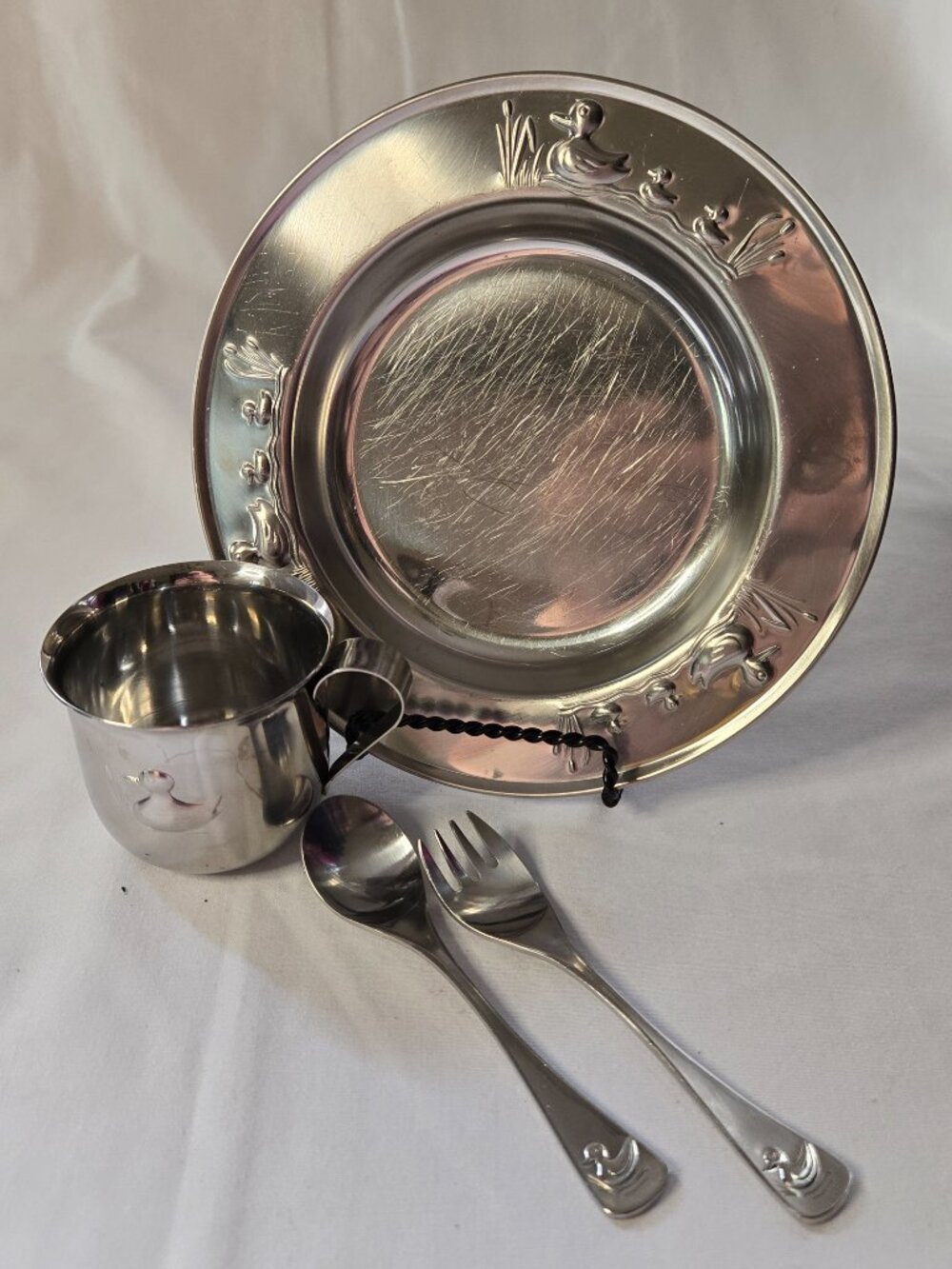 Selandia 18/8 Stainless Japan Baby Plate, Cup, Fork + Spoon Child Toddler Ducks